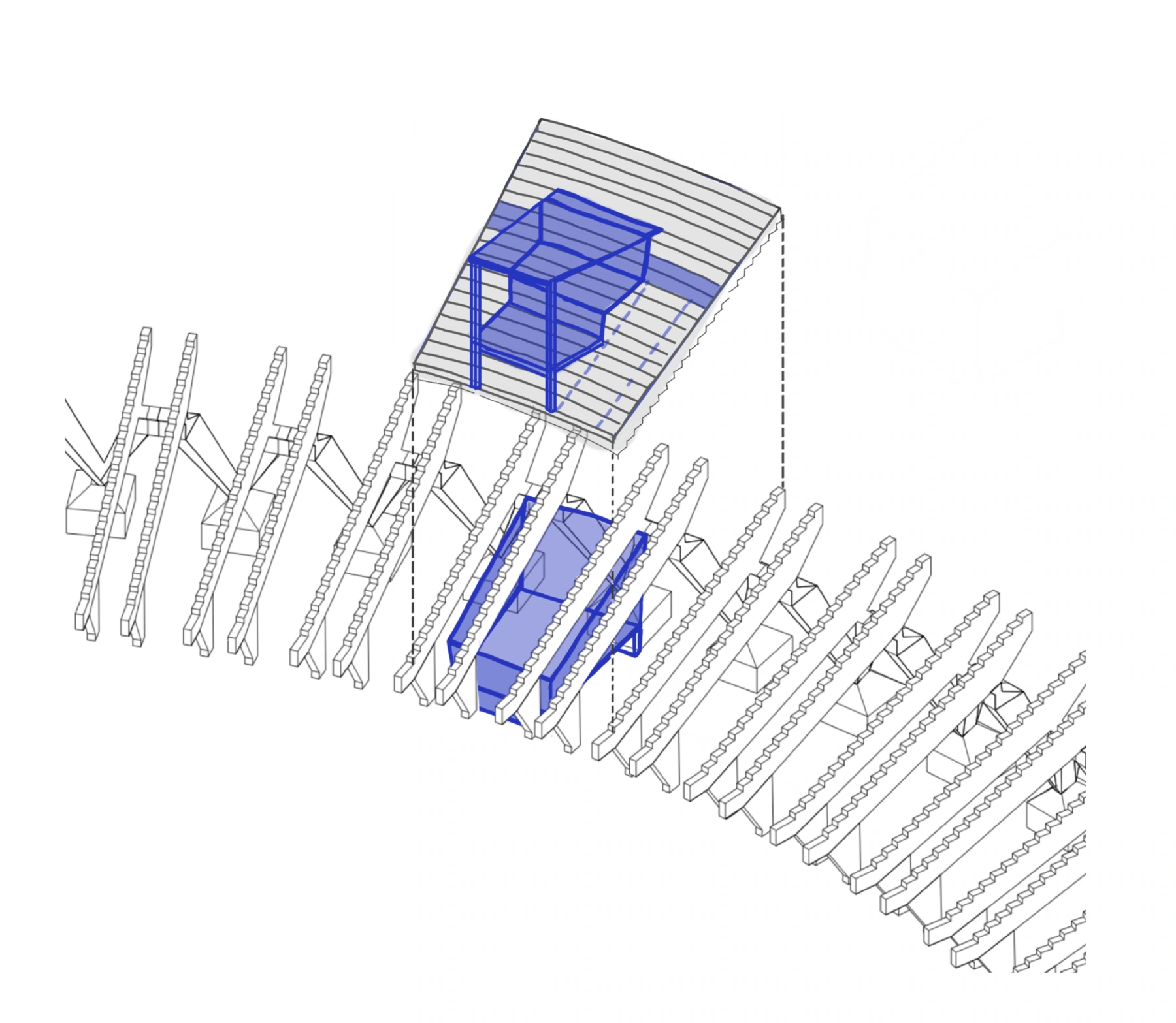 Axonométrie d’assemblage — logements et structure conservée.