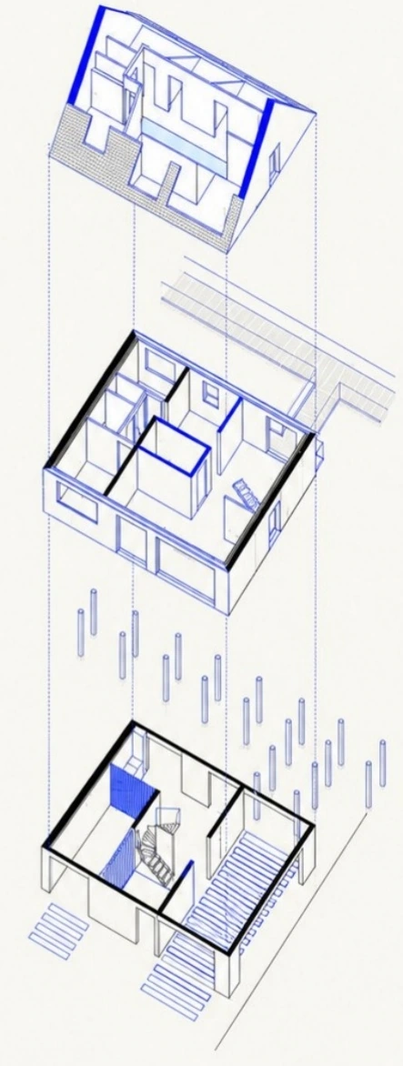 Axonométrie de la maison adaptée.