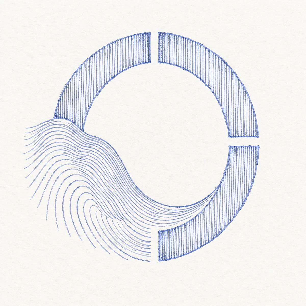 Dessin bleu : Anello del Mare — anneau et lignes de paysage