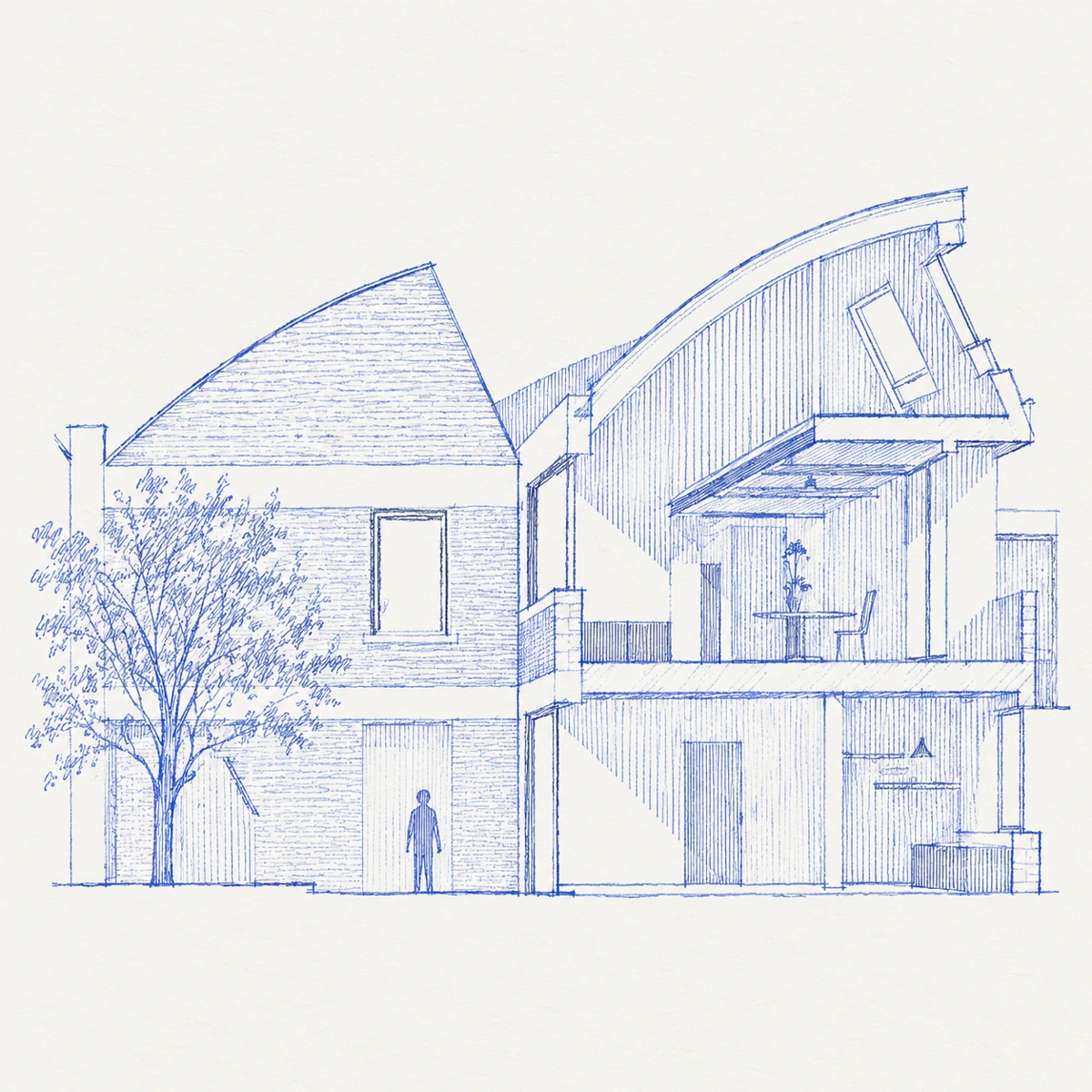 Dessin bleu : Glacerie Boussois — coupe habitée