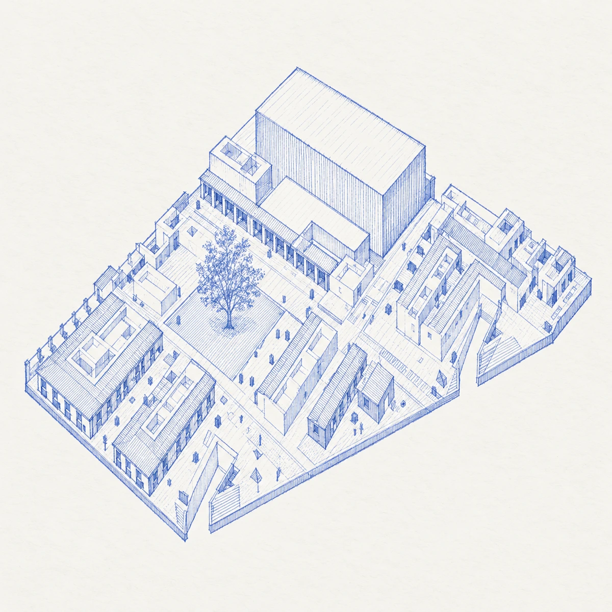 Dessin bleu : Cagliari — axonométrie de la galerie