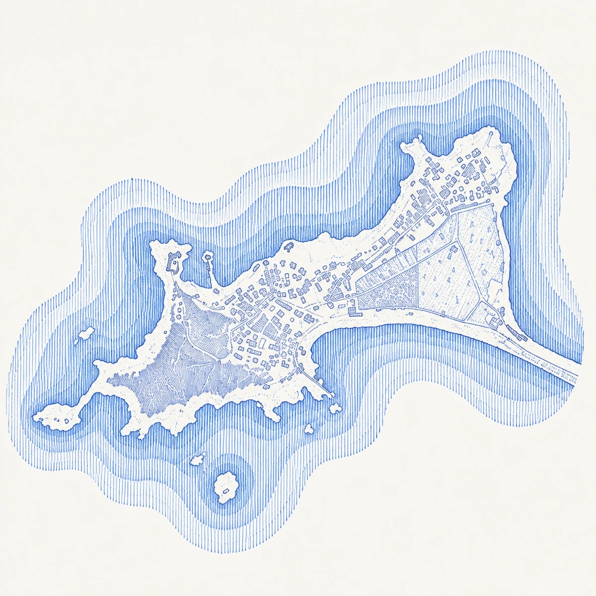 Dessin bleu : Gâvres — carte de la presqu’île