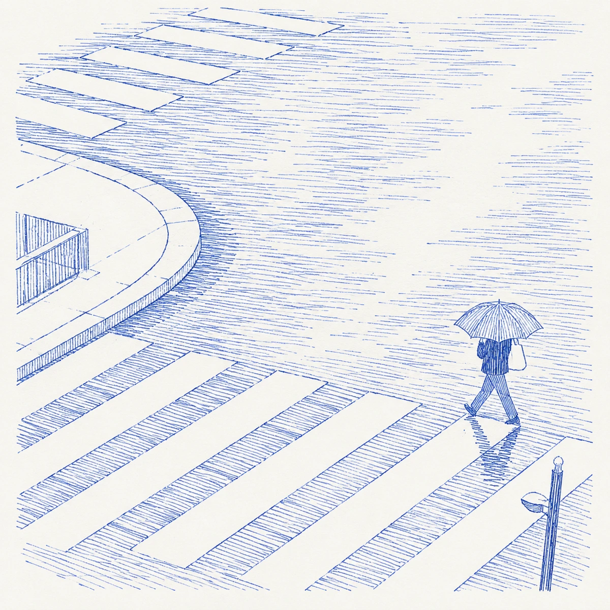 Dessin bleu : Photographies — passage piéton et parapluie