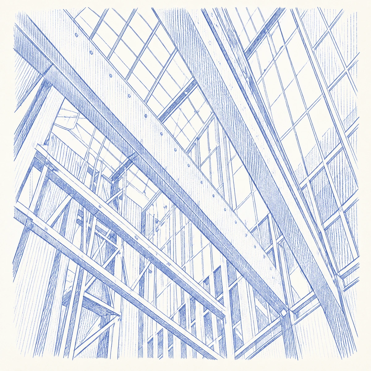 Dessin bleu : Le pont — structure dans l’atrium